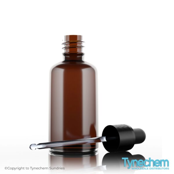 An Amber Glass Dropper Bottles 50ml with a pipette and and rubber top that holds 50ml of liquid. Amber Glass Dropper Bottles 50ml